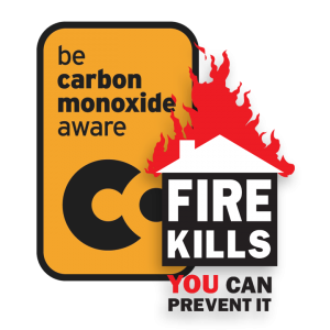 Be carbon monoxide aware and Fire Kills logos