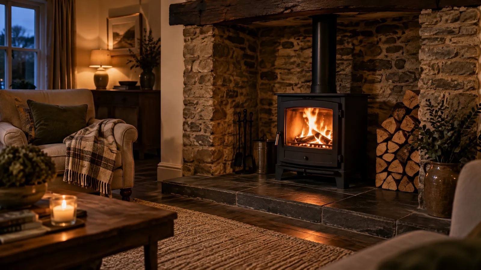 Wood burning stove in a cosy Devon living room